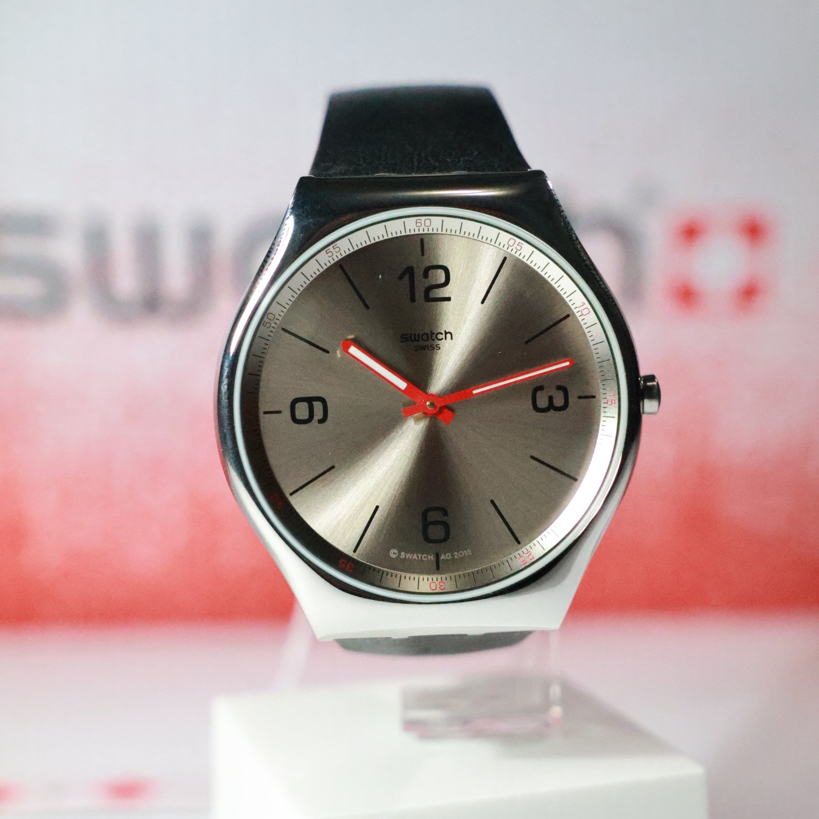 New Swiss Made SWATCH IRONY SKINMETAL 42MM Silver Black Red Leather SS07S104
