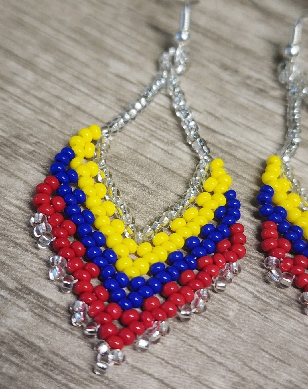 Handmade Seed Bead Earrings Colombia Flag Colors Boho Dangle Teardrop Jewelry