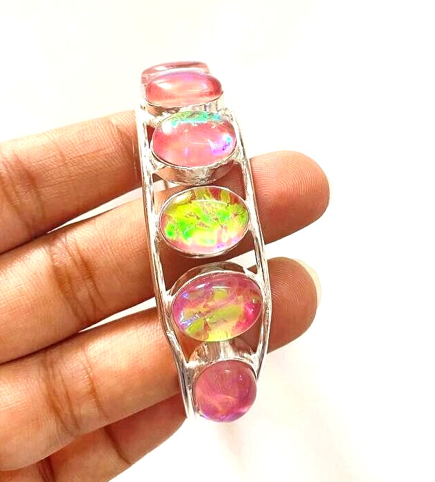 Australian Triplets Opal Gemstone 925 Sterling Silver Handmade Jewelry Bangle