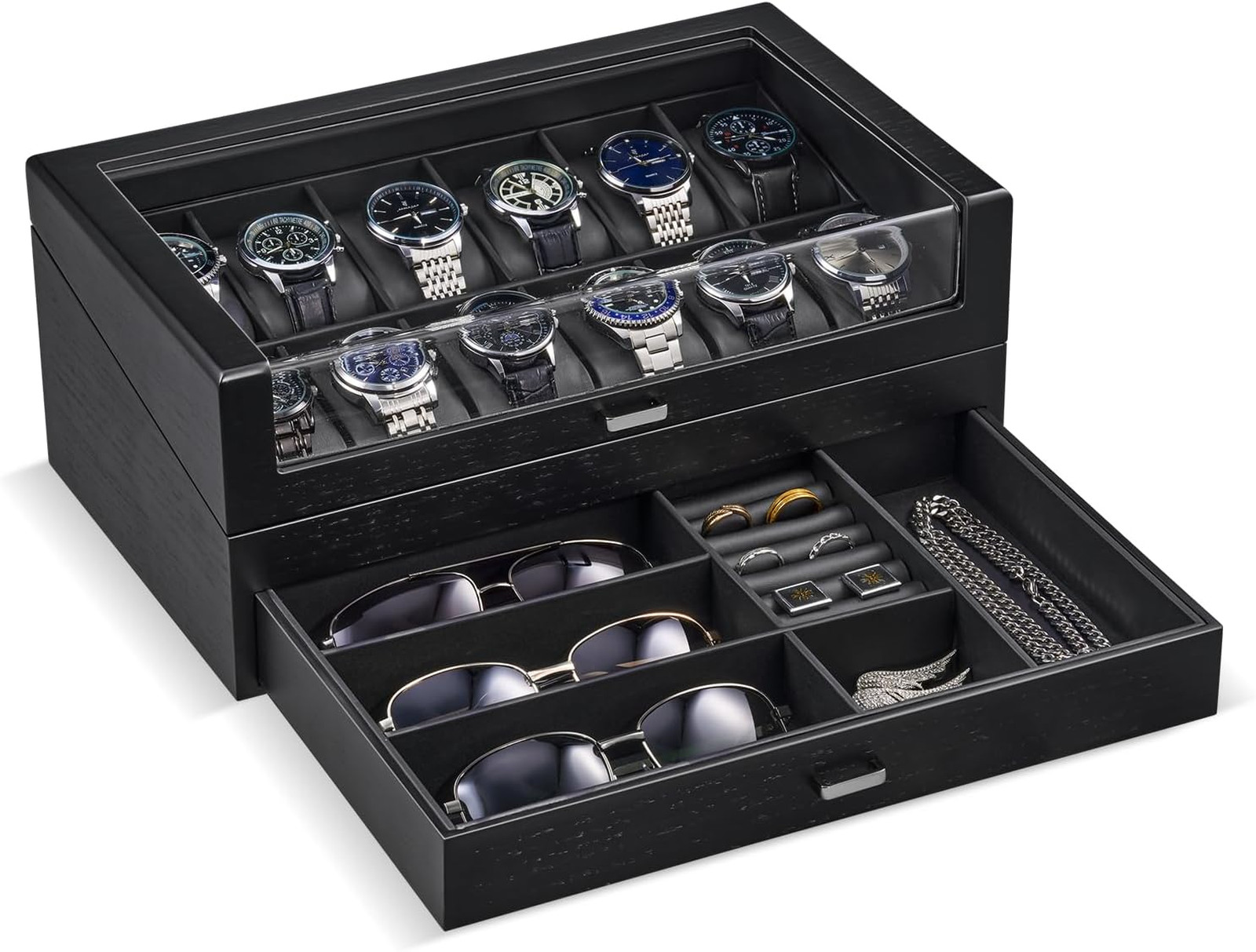 Wooden Watch Box for Men with Drawer, 12 Slot Multi-Functional Jewelry Organizer