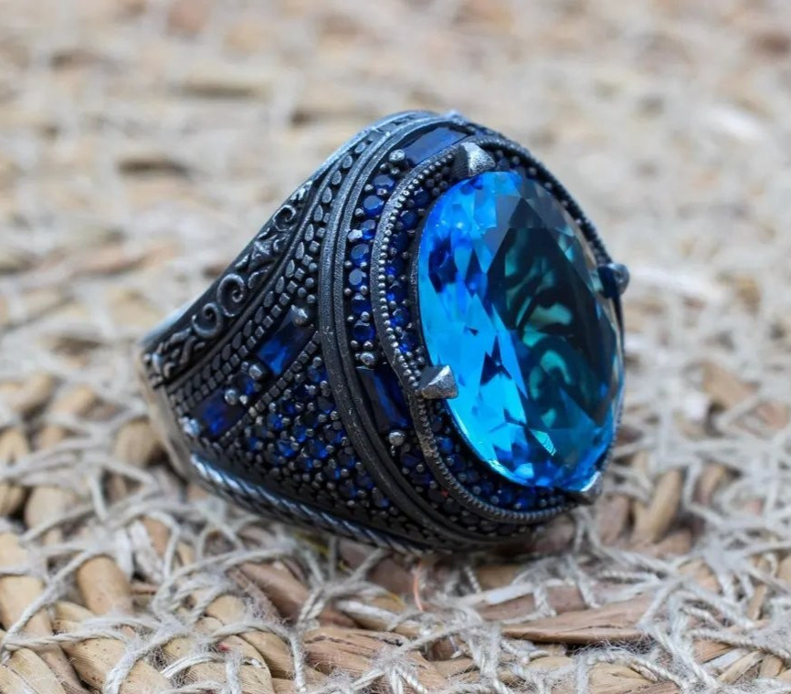 Ottoman Style Aquamarine Men’s Ring 925 Sterling Silver Turkish Ring Duty free