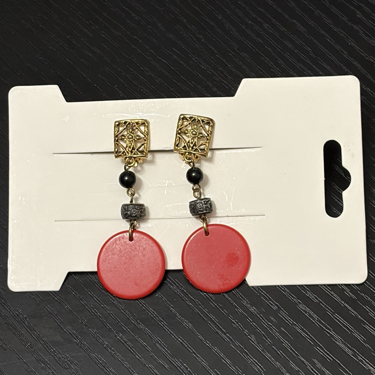 Red Round Disc Dangle/Drop Earrings Gold Tone Square Tops Black Beads Clip On