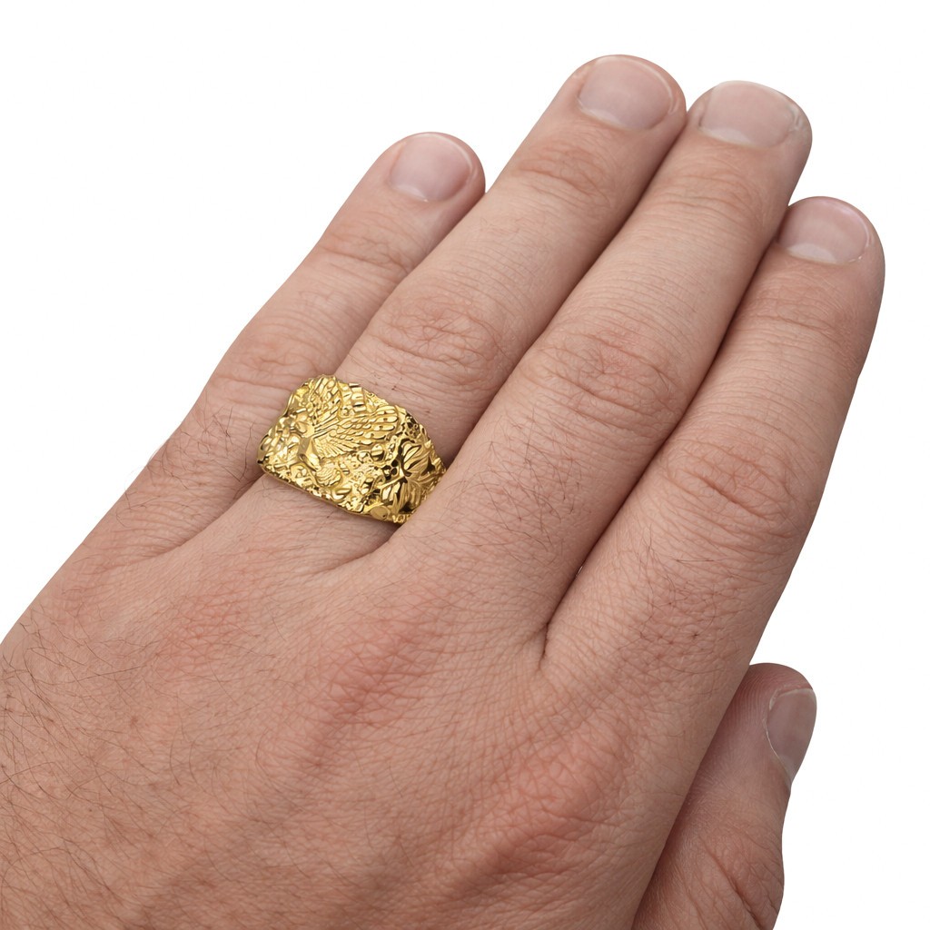 Solid 18K Yellow Gold Large Eagle Leaf Mens Nugget Ring, Size 5 – 15