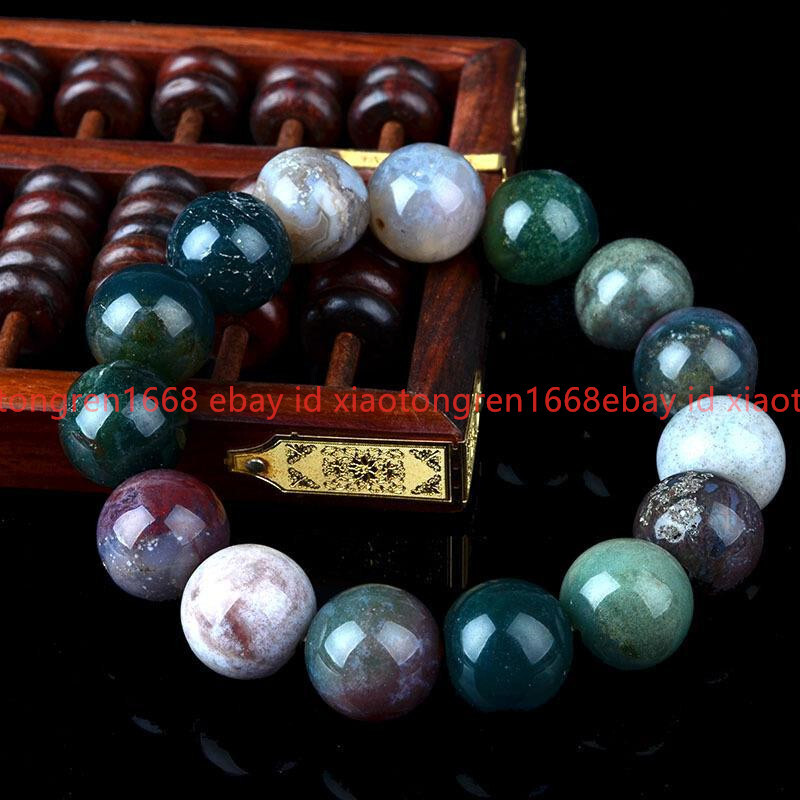 Huge Natural 14mm Multicolor Indian Agate Gems Reiki Healing Bracelet 7-9in AAA