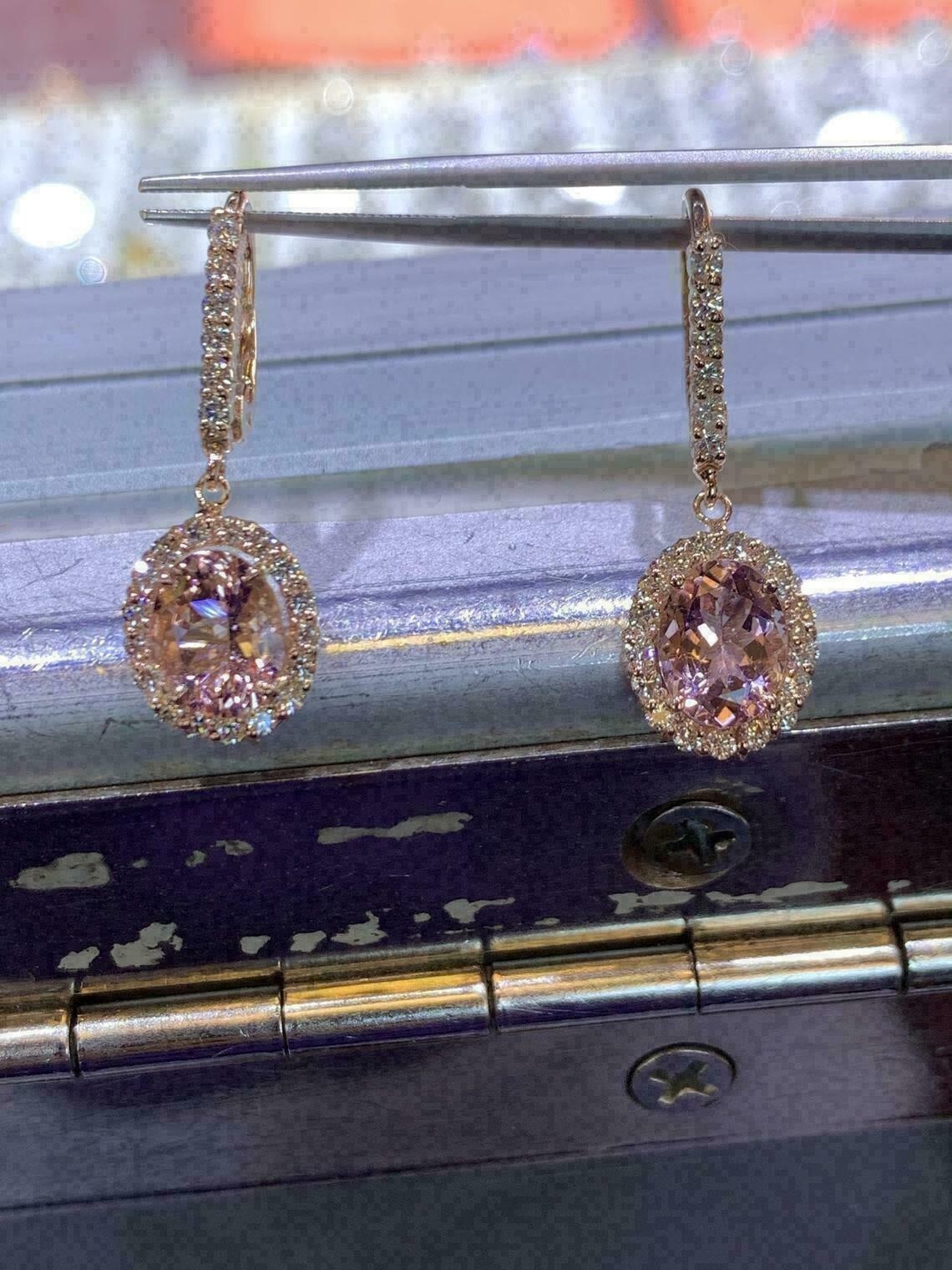 4Ct Oval Cut Morganite Diamond Halo Drop & Dangle Earrings 14K Rose Gold Finish