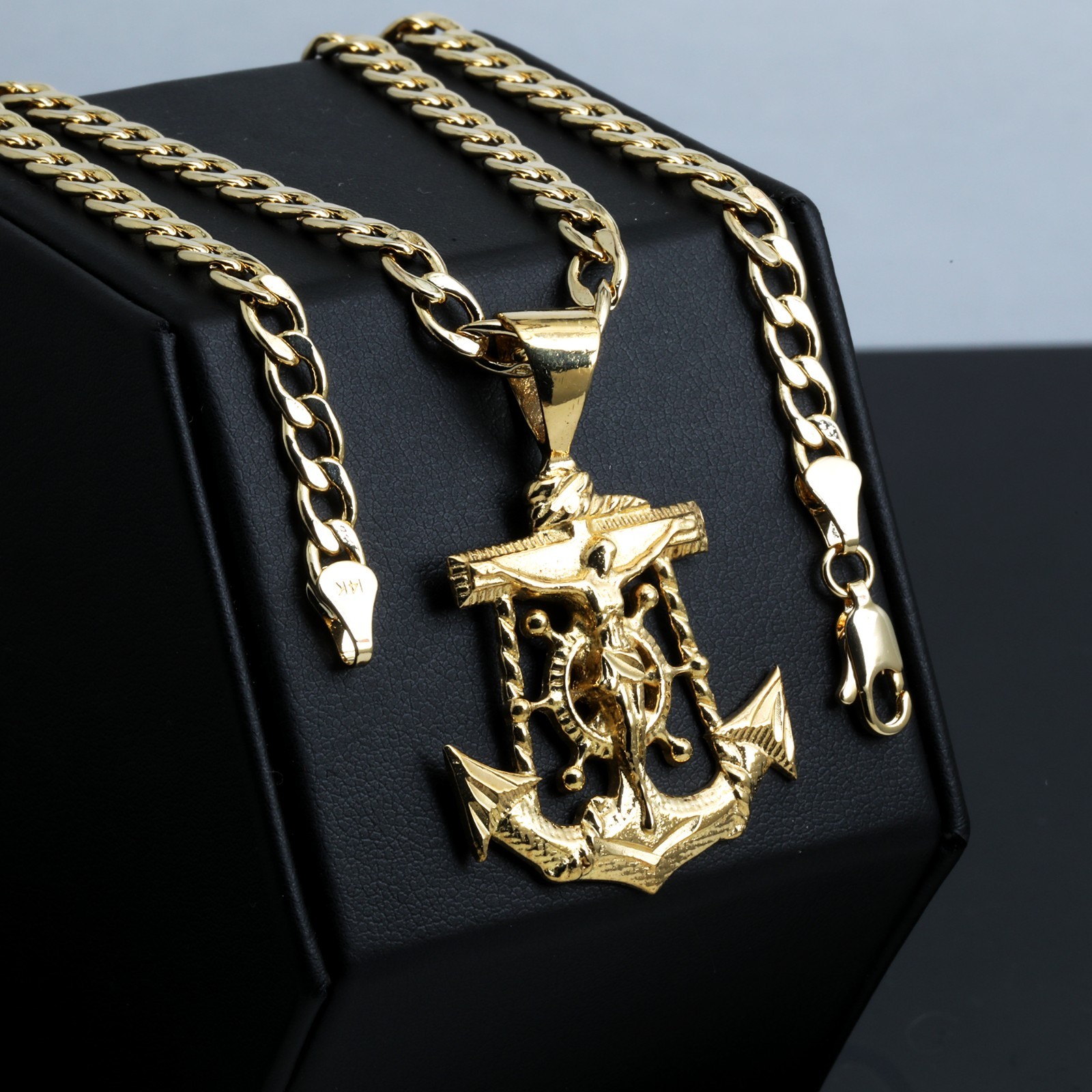 Anchor Jesus Charm Pendant 14k Gold Plated Brass 5mm 20″ Cuban Choker Chain 04