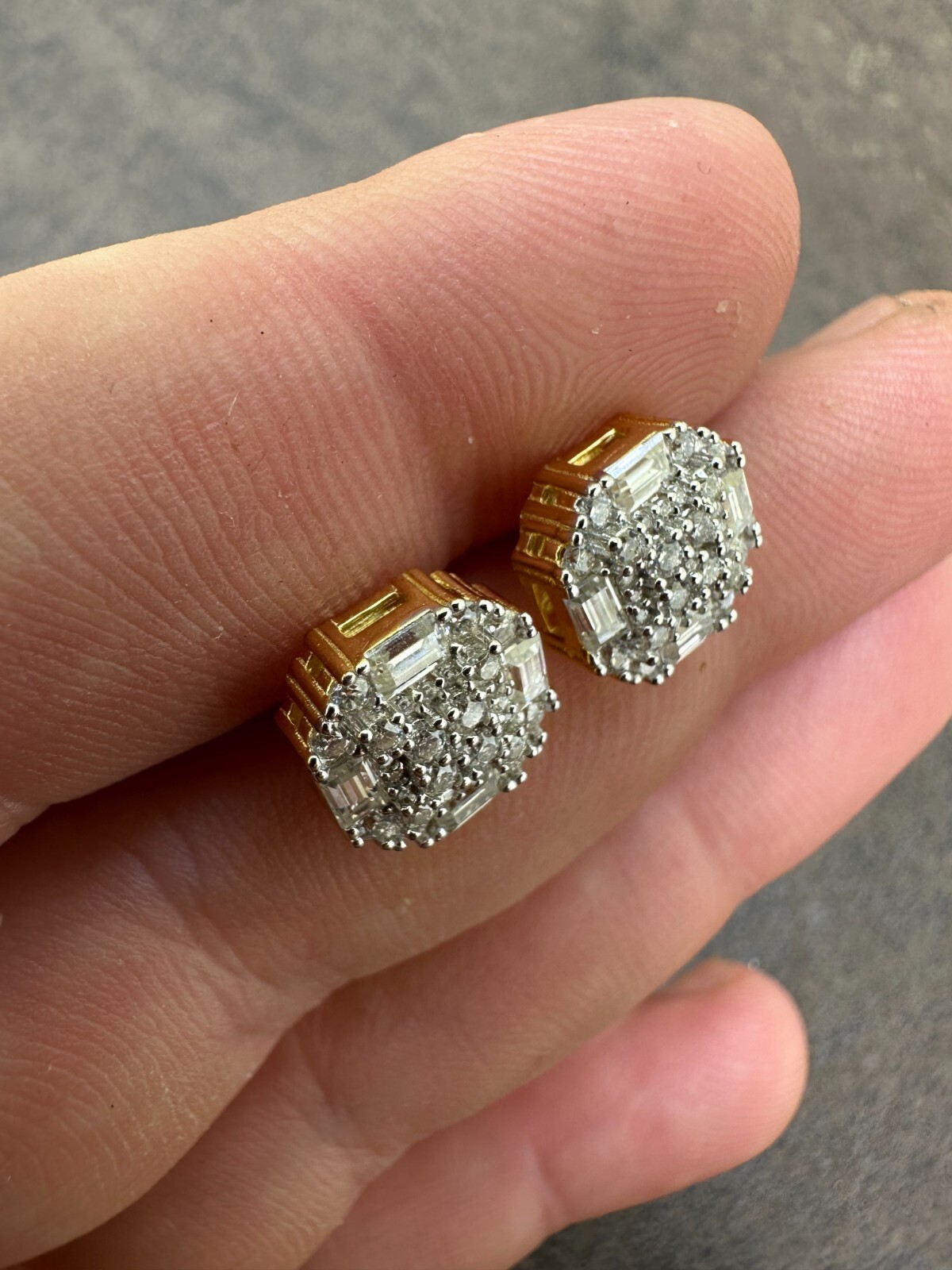 Screwback Earrings Real 14k Gold Plated 925 Silver CZ Baguette Iced Studs HipHop