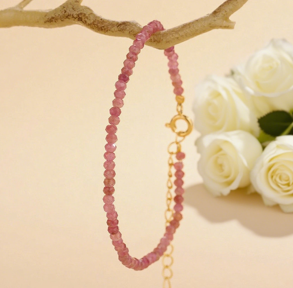 Ruby Crystal Gemstone Dainty Bracelet Minimalist Healing 3mm Faceted Beads