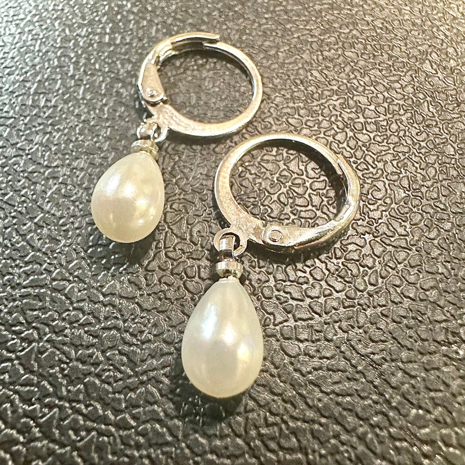 Pearl Drop Earrings 8mm Simulated Pearl Silver Plated Huggie Dangle