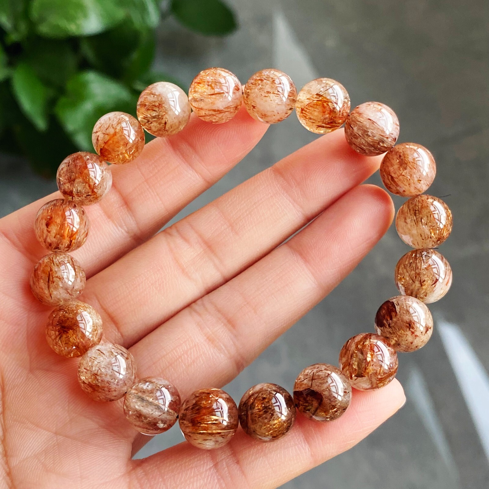 10.5mm Natural Red Copper Quartz Crystal Beads Bracelet 7.9 inch B850