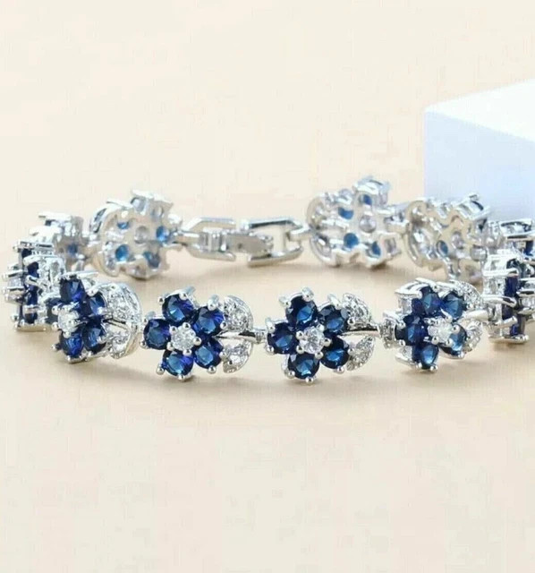 Blue Sapphire & Round Diamond Lab Created Tennis Bracelet 14K White Gold Plated