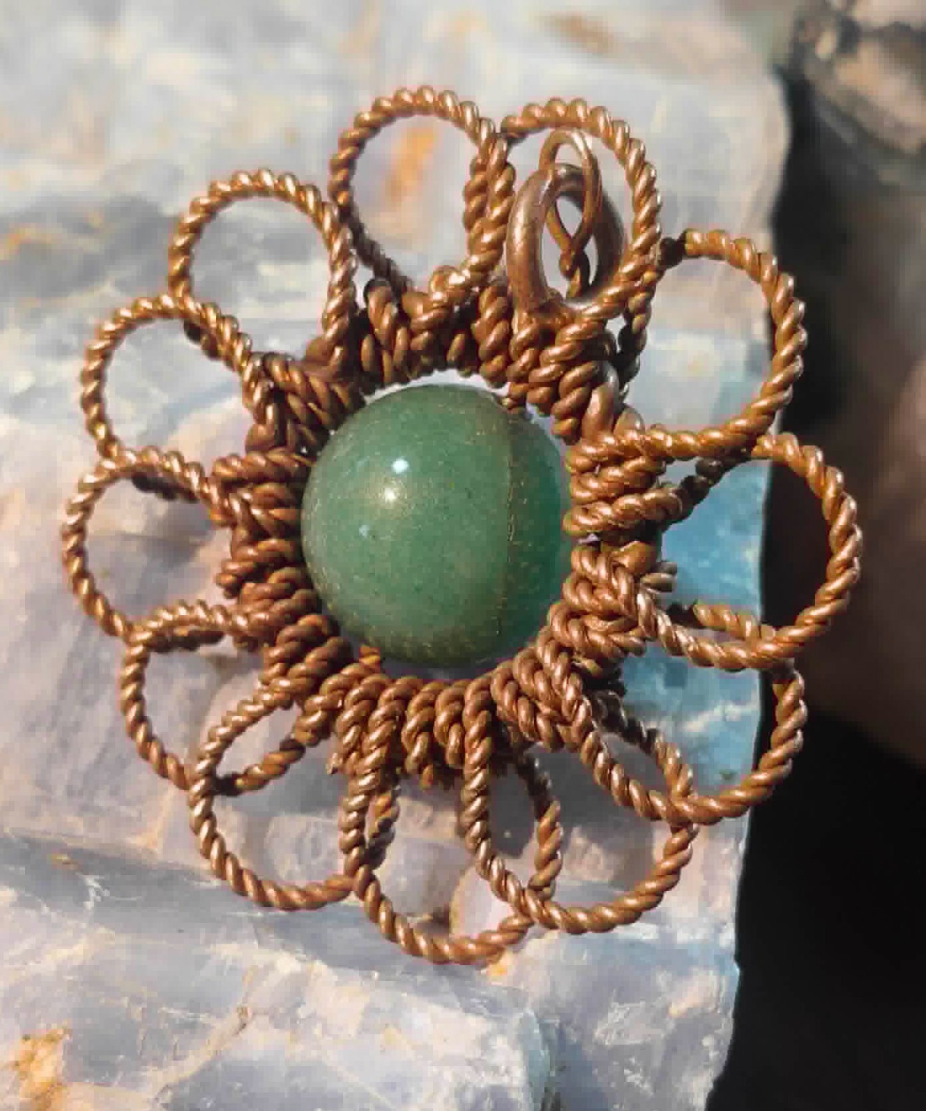 Flower Pendant Daisy Copper Wire Wrapped Green Aventurine Lucky Jewelry #PM4
