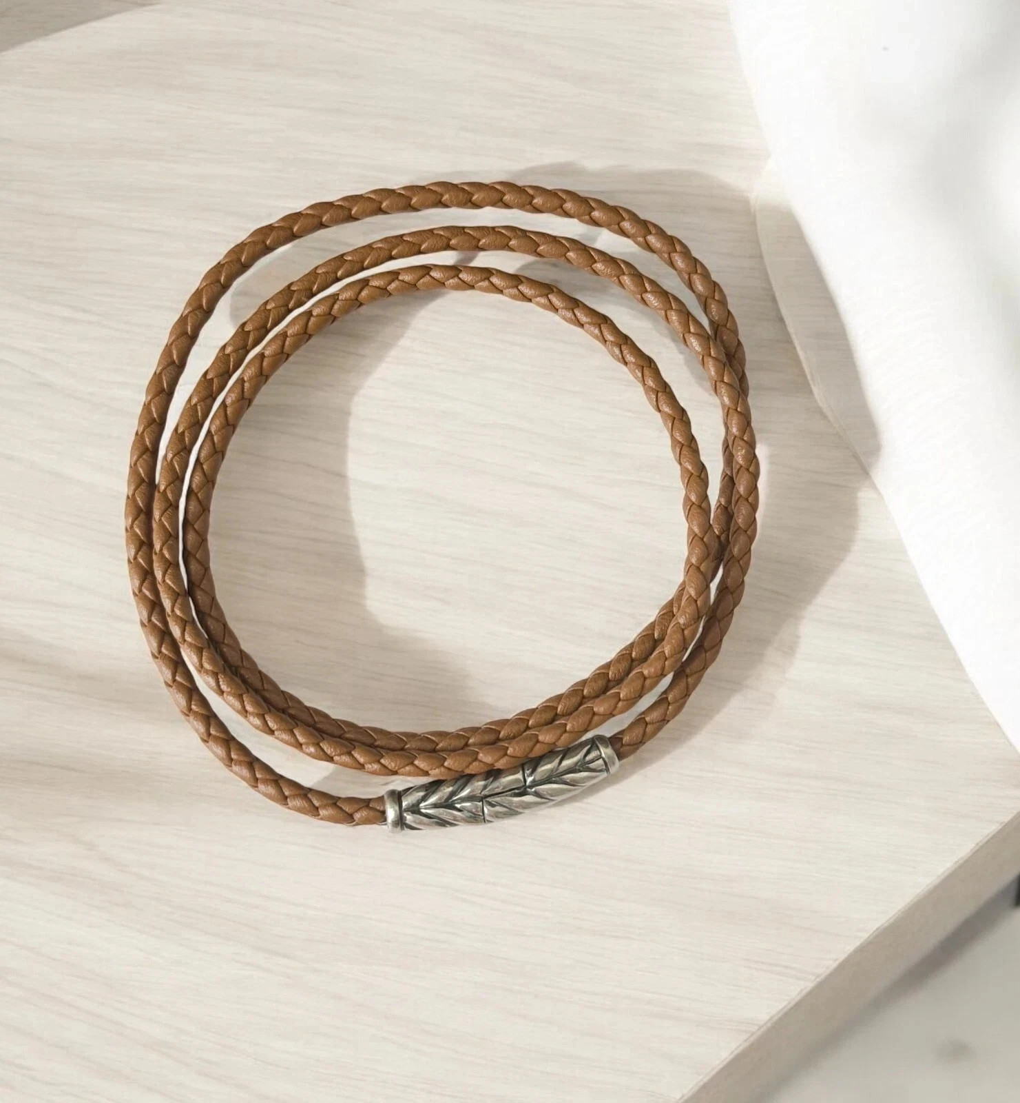 David Yurman Sterling Silver Triple Wrap Brown Chevron Leather Bracelet