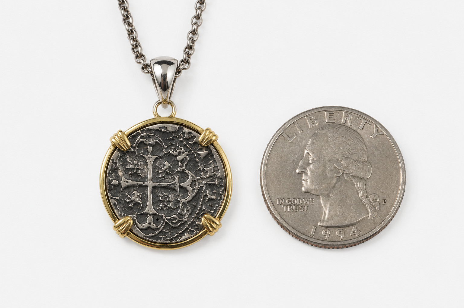 Atocha Treasure Coin Inspired Pendant 925 Silver 18K Gold Plated 39mm 6.8 grams