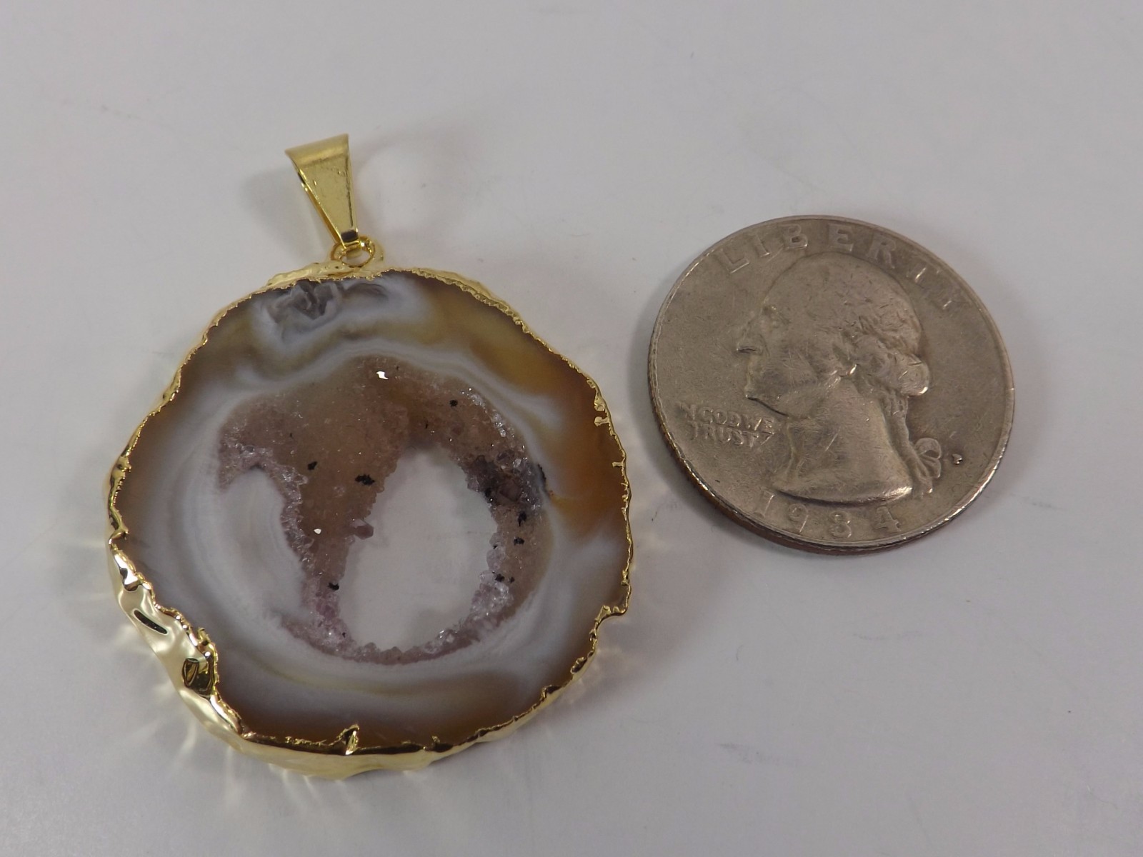 AGATE PENDANT CRYSTAL GEODE Slice, Unique Polished Natural Stone Brazil Gold Edg