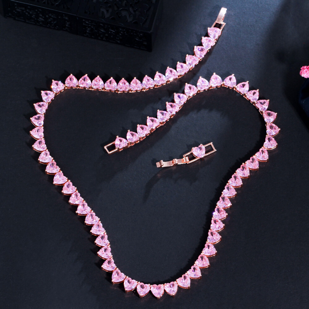 Romantic 585 Rose Gold Pink CZ Love Heart Tennis Choker Necklace for Women Party