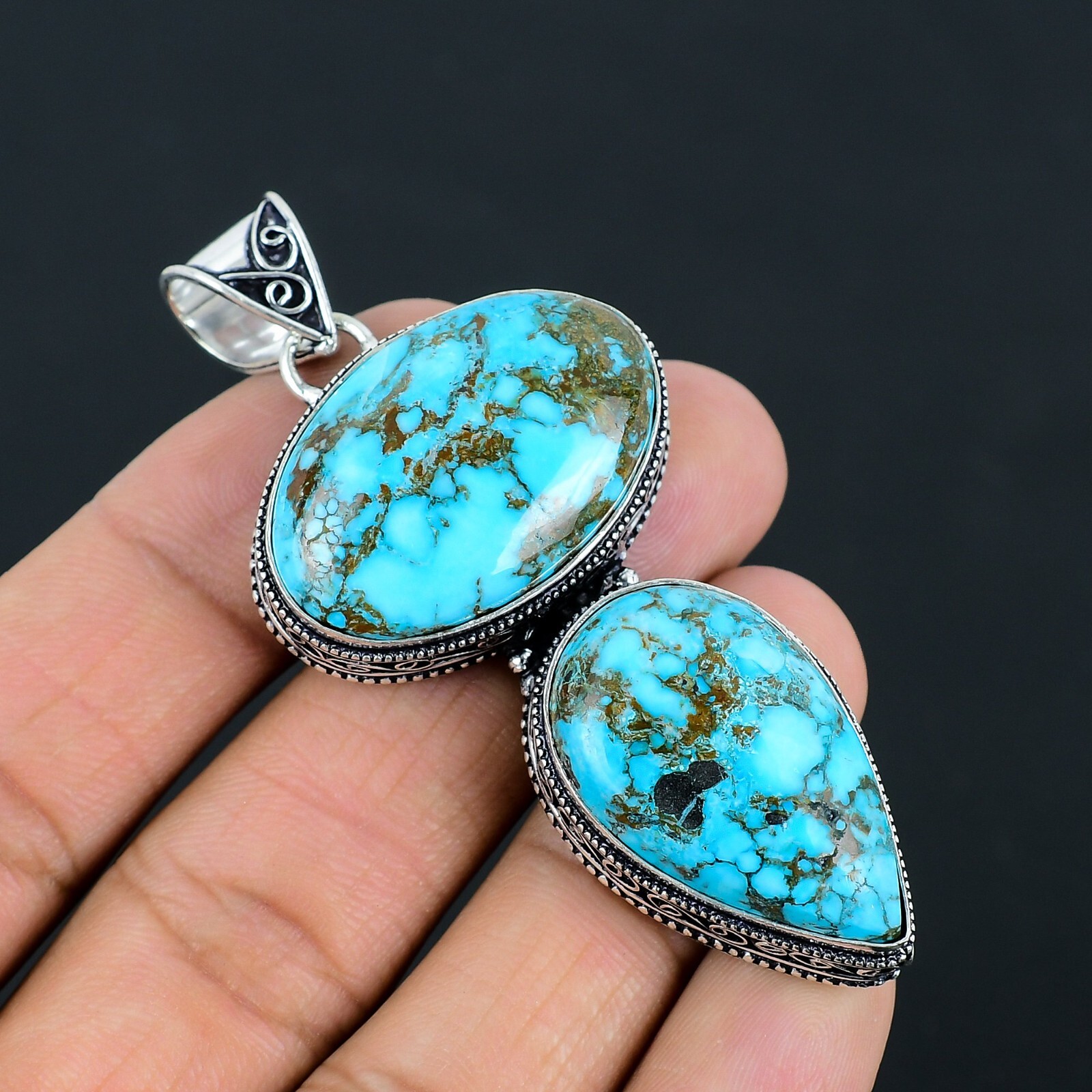 Tibetan Turquoise Gemstone Handmade 925 Sterling Silver Jewelry Pendant For Gift