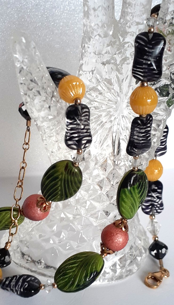 15″ Bohemian-style Necklace Handmade Painted Ceramic & Glass Beads w/2″ Extender