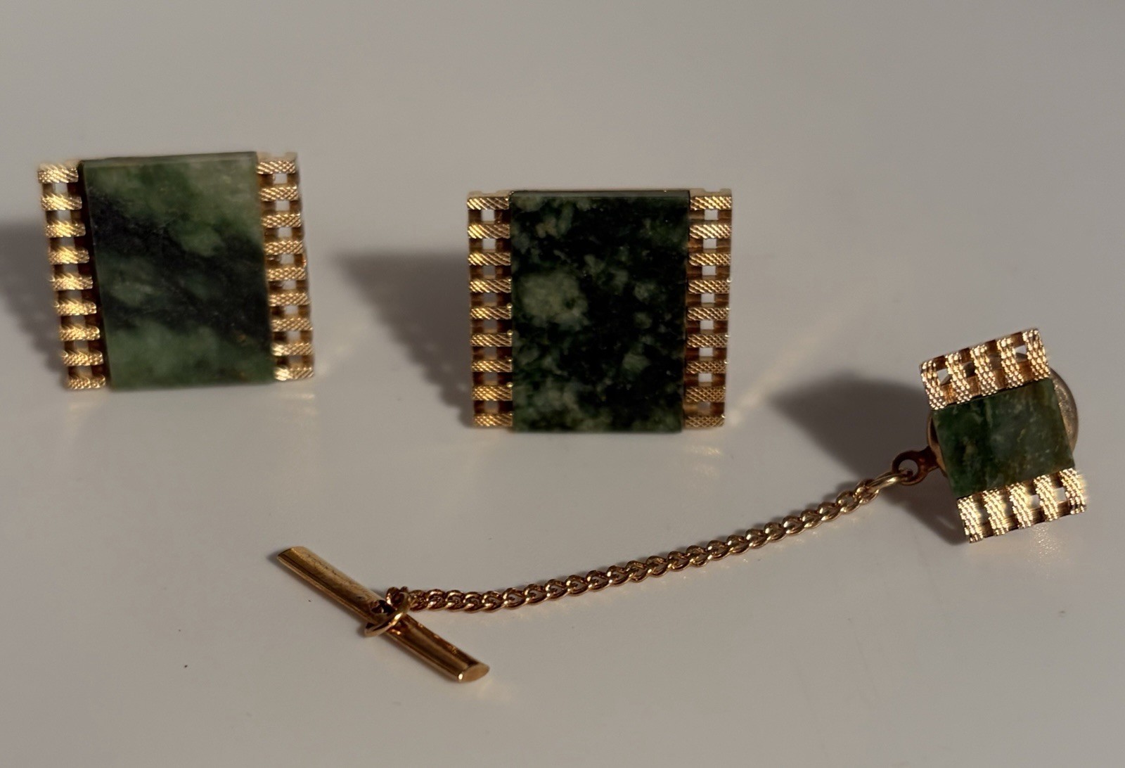 Vintage Swank? Gold & Jade Jadeite Square Cuff Links & Tie Pin Tack