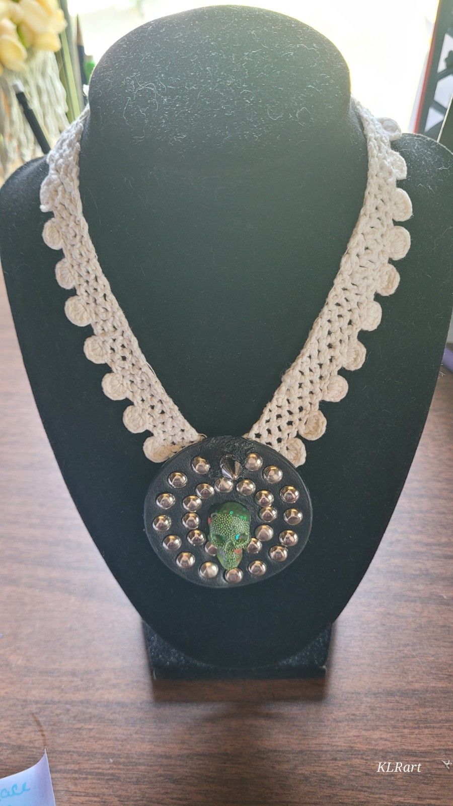 Homemade faux leather snap lace epoxy skull choker, Halloween themed