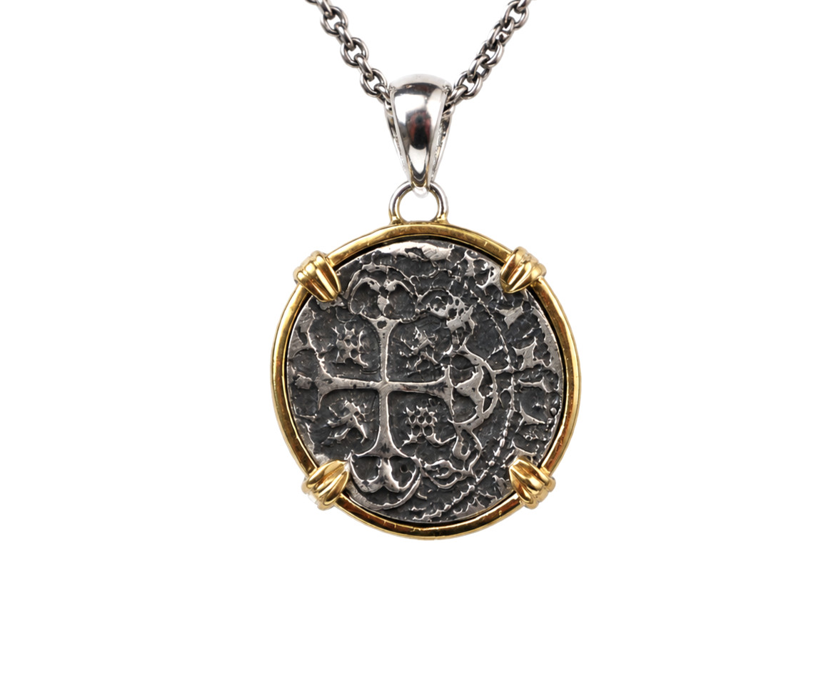 Atocha Treasure Coin Inspired Pendant 925 Silver 18K Gold Plated 39mm 6.8 grams