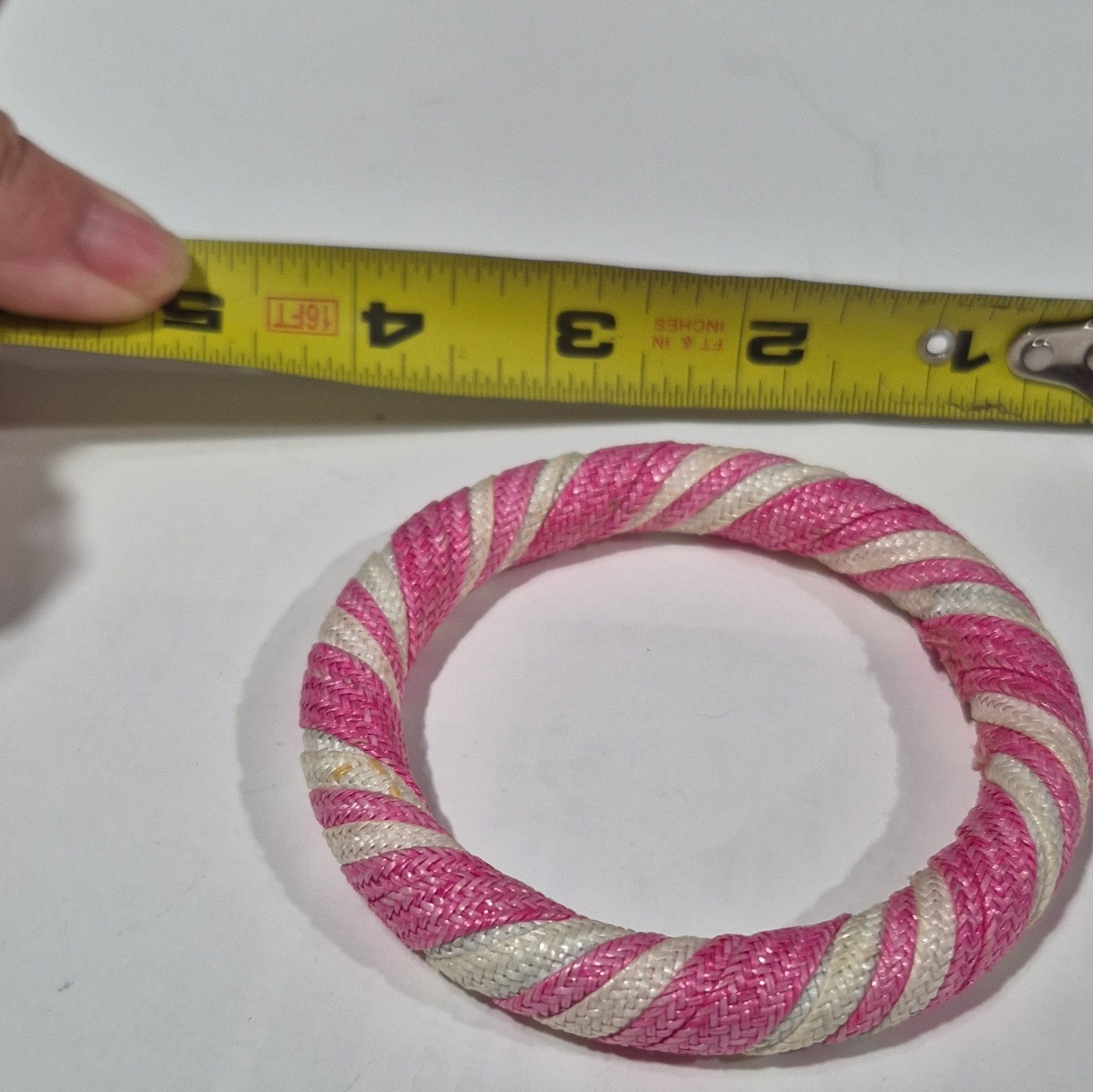 Pink & White Fabric Wrapped Bangle Bracelet, Round, No Stone, No Closure