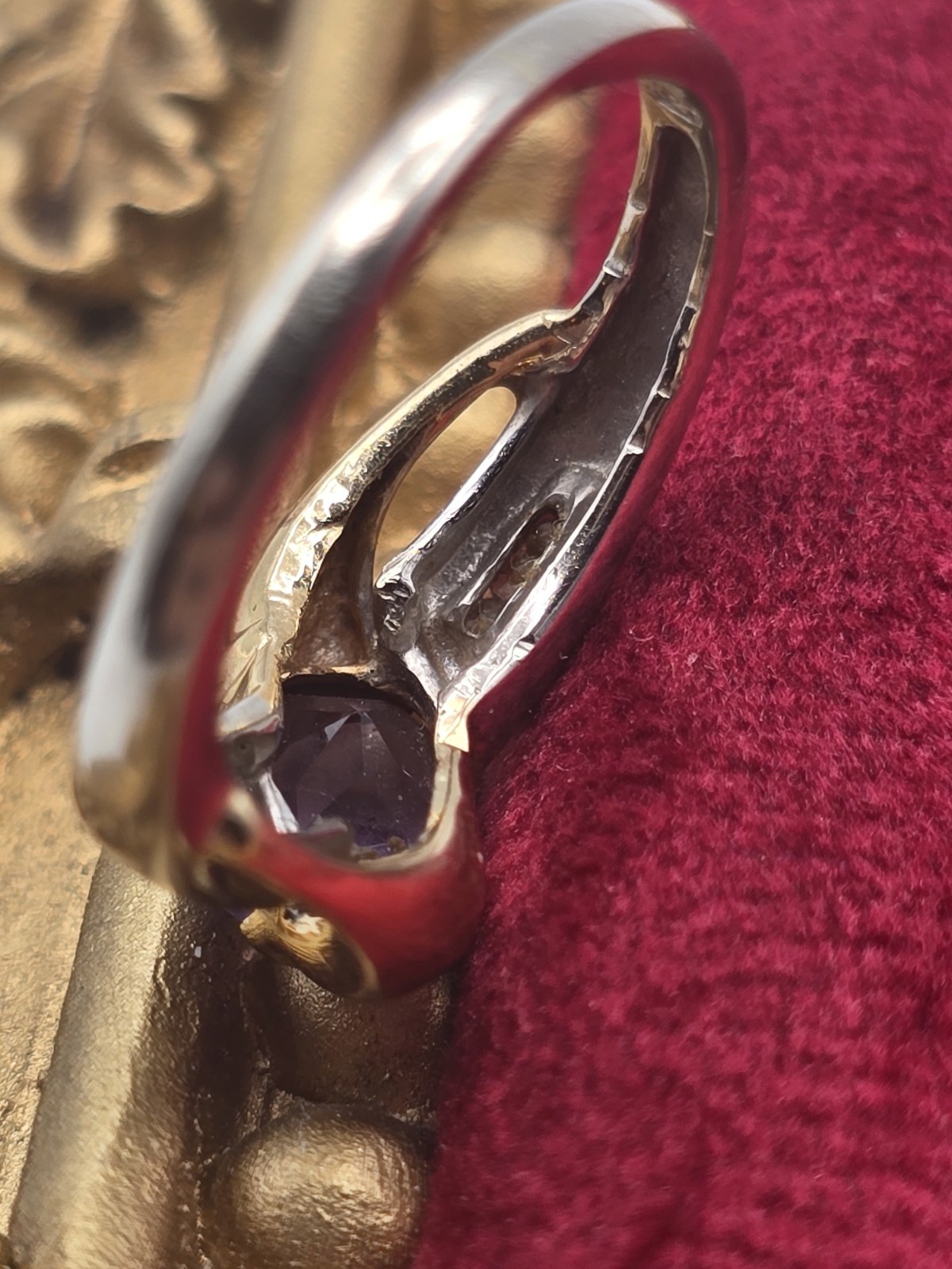 ​Solid 10K Two Tone Gold Amethyst Cushion Cut Diamond Accent Ring Size 5 2.60g