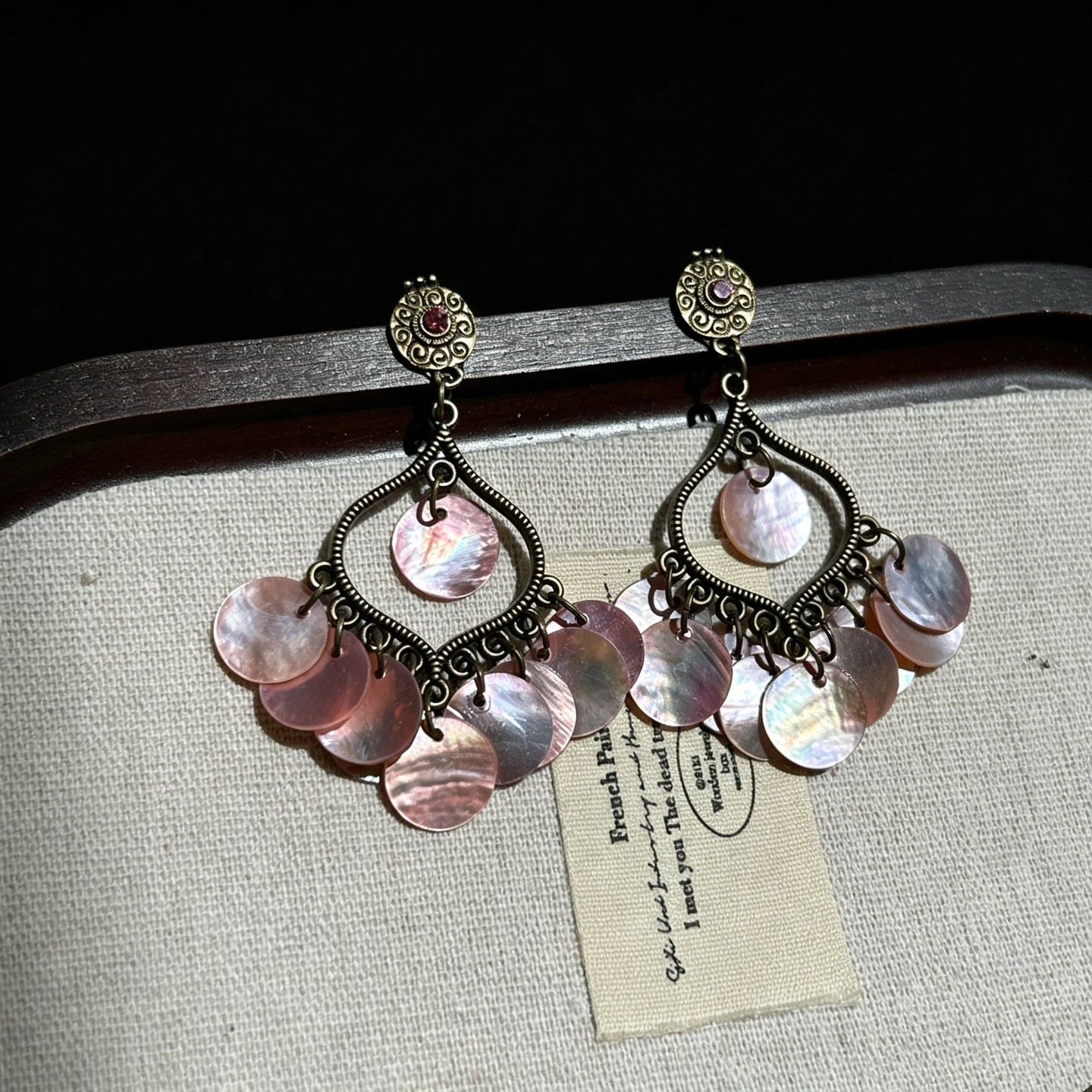 Pink Shell Drop Earrings Antique Bronze Rhinestone Tiered Disc Dangle Jewelry