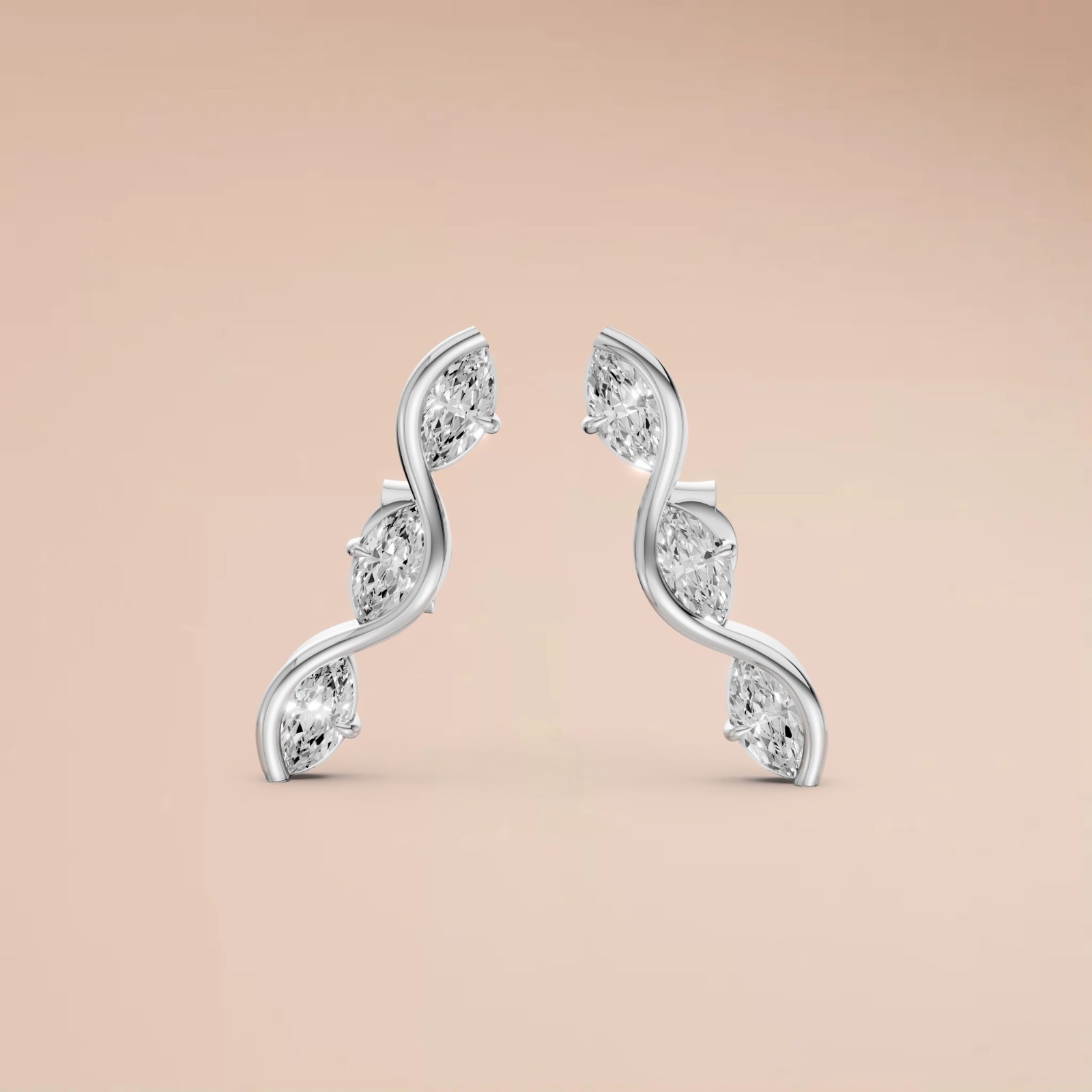 Ear Crawler Climber Stud Earrings Marquise Lab Grown Diamond Prong Setting