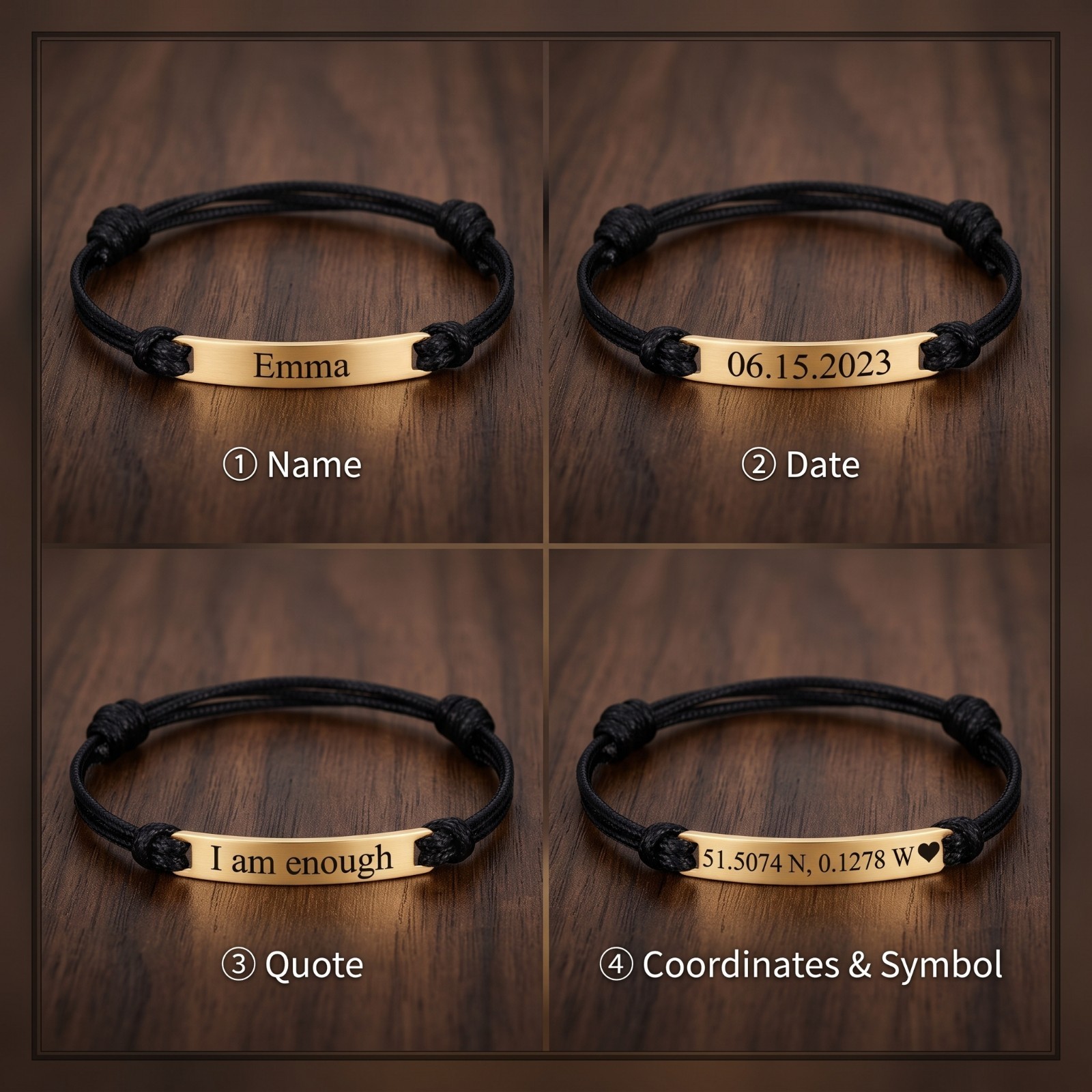 Custom Engraved Name Gold Bar Bracelet Minimalist Boho Braided Cord Personalized