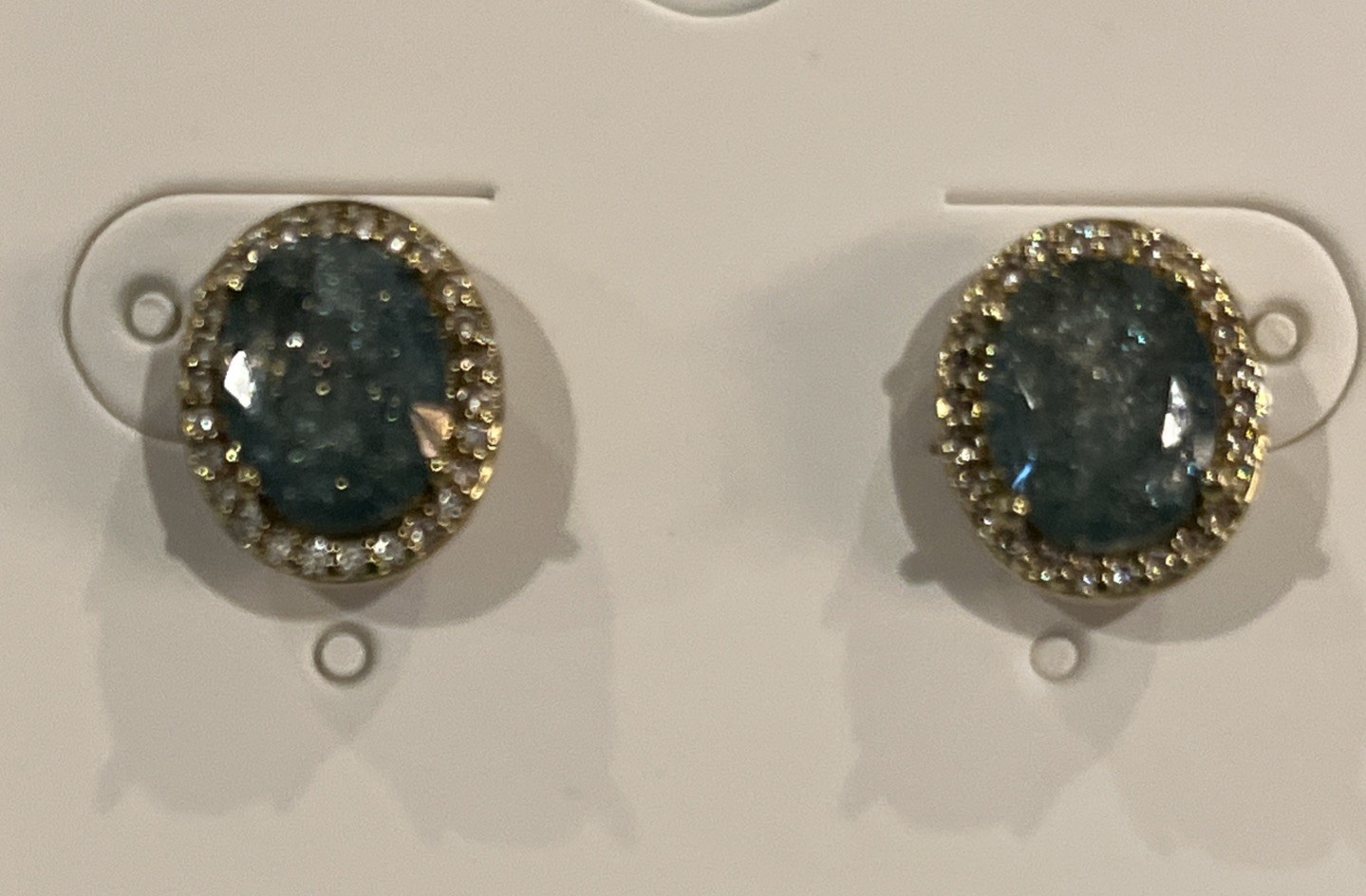 Blue Green Oval Stud Earrings with Clear Crystals Gold Tone Setting
