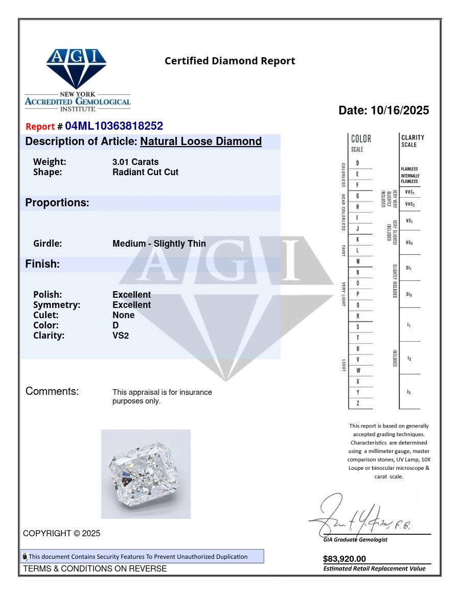 Radiant Cut 3.01 CT Cert. AGI Natural Mined Diamond Loose D color VS2 clarity