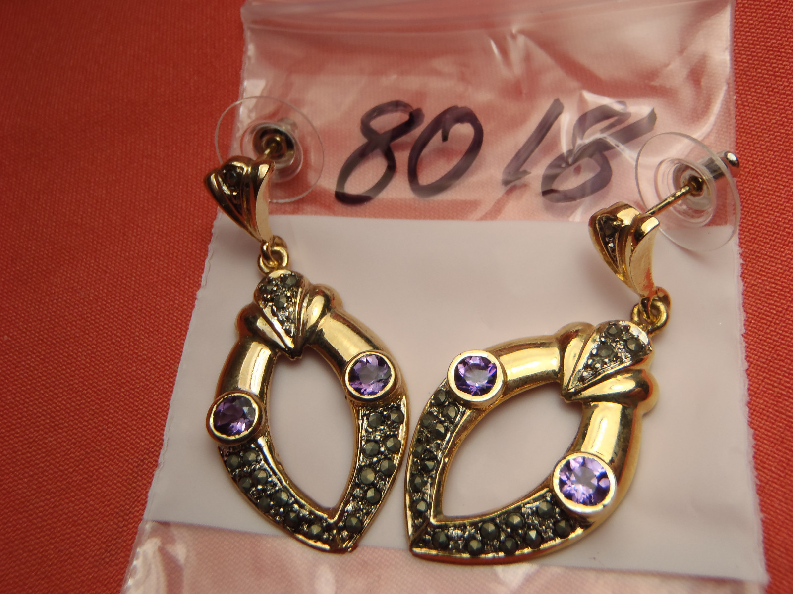 BEAUTIFUL Sterling Silver Marcasite & Purple Stone Earrings 7.7 Gram Lot 8018