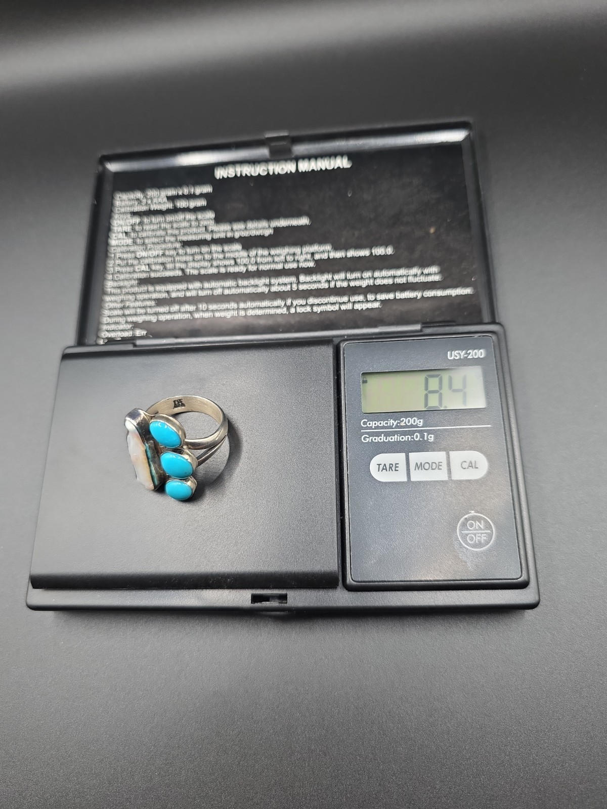 🔥VTG Native American Style Sterling Sliver Turquoise And Mother Of Pearl Ring