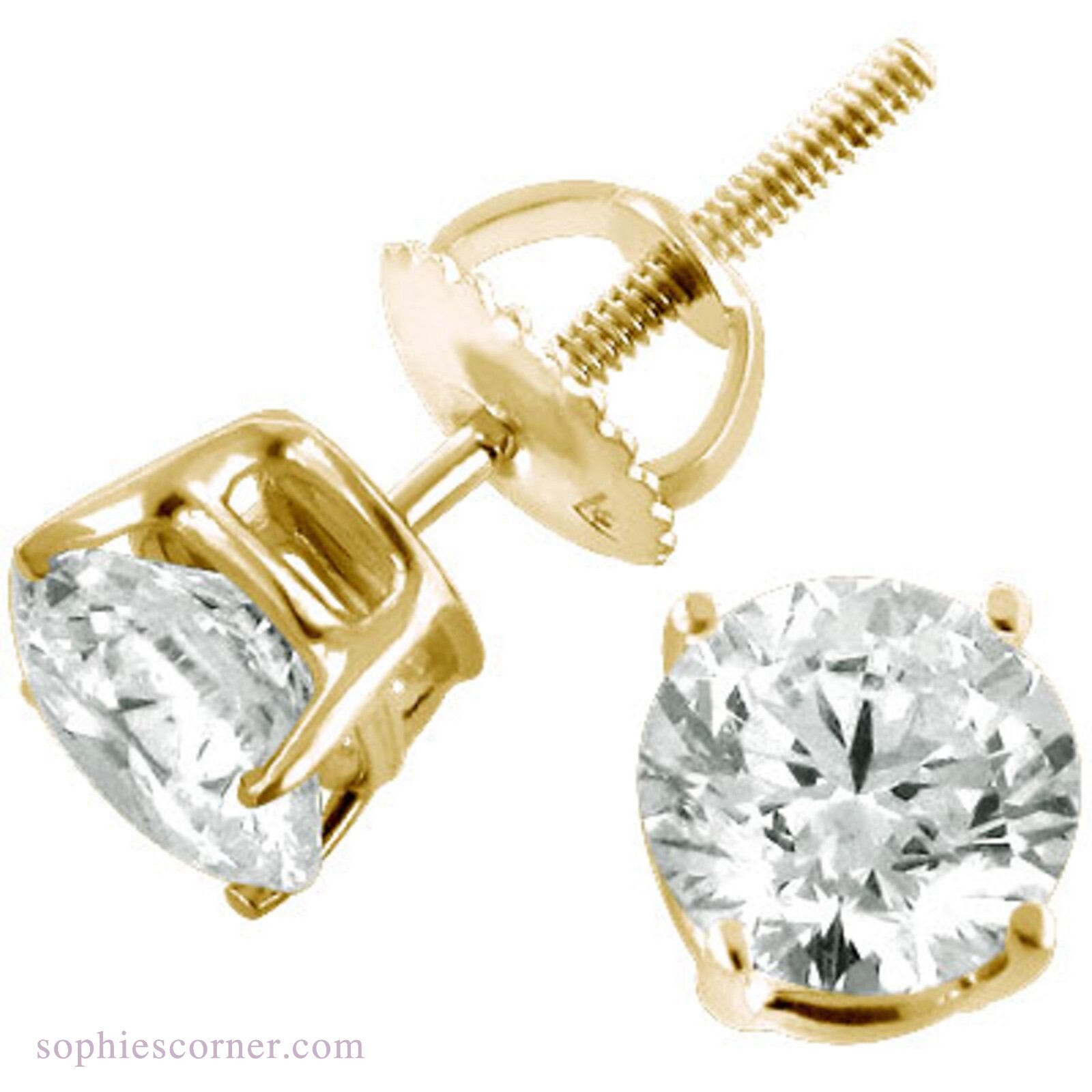 .33 ct. White Sapphire Round Screw back Studs – Yellow Gold plated 925 Silver