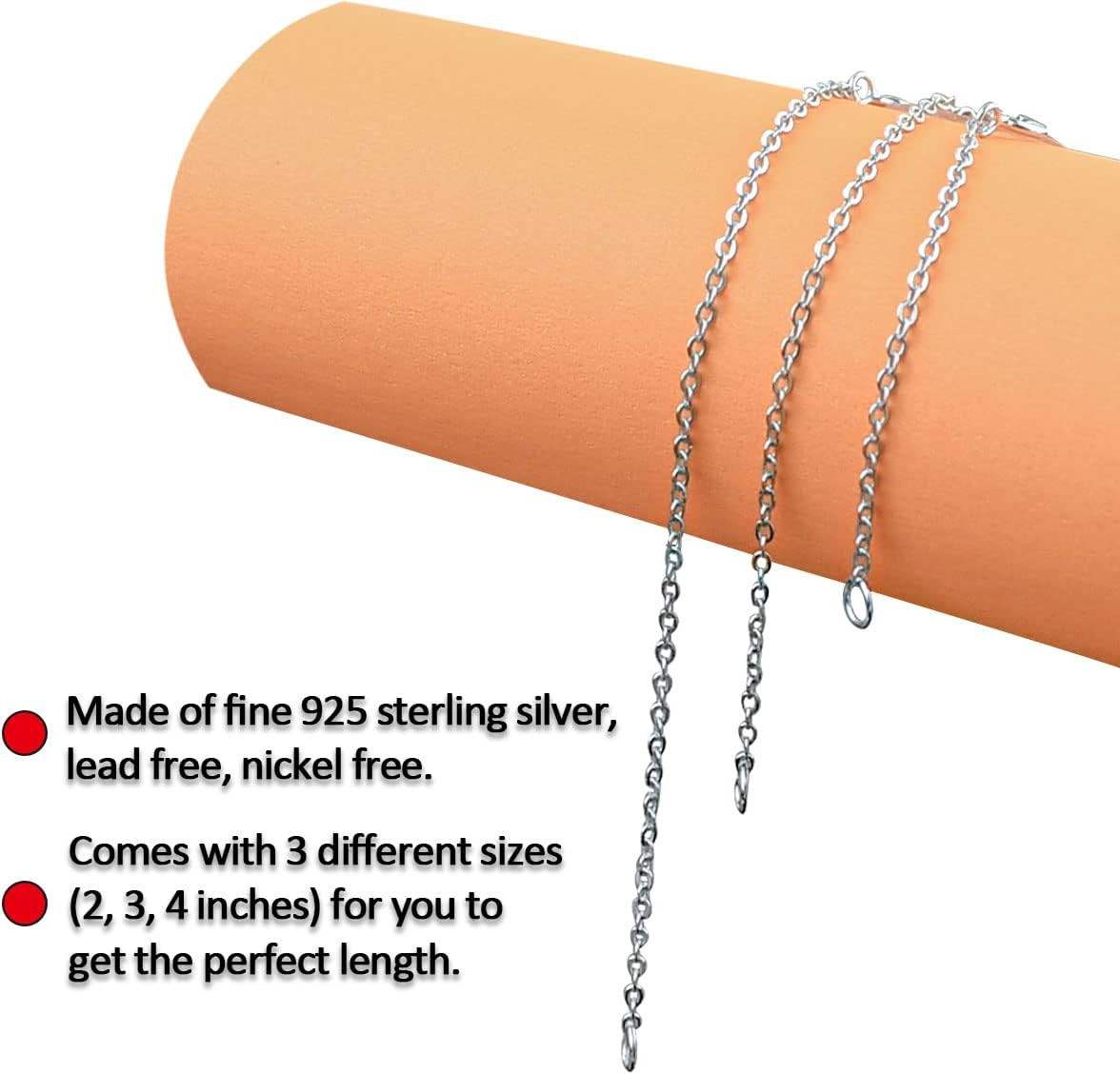 3 Pieces 925 Sterling Silver Necklace Extenders Necklace Extension Chain for Wom