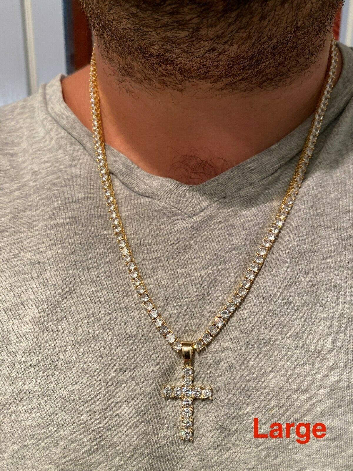 Tennis Cross Pendant Simulated Diamond Iced Necklace 14k Gold Plated 925 Silver
