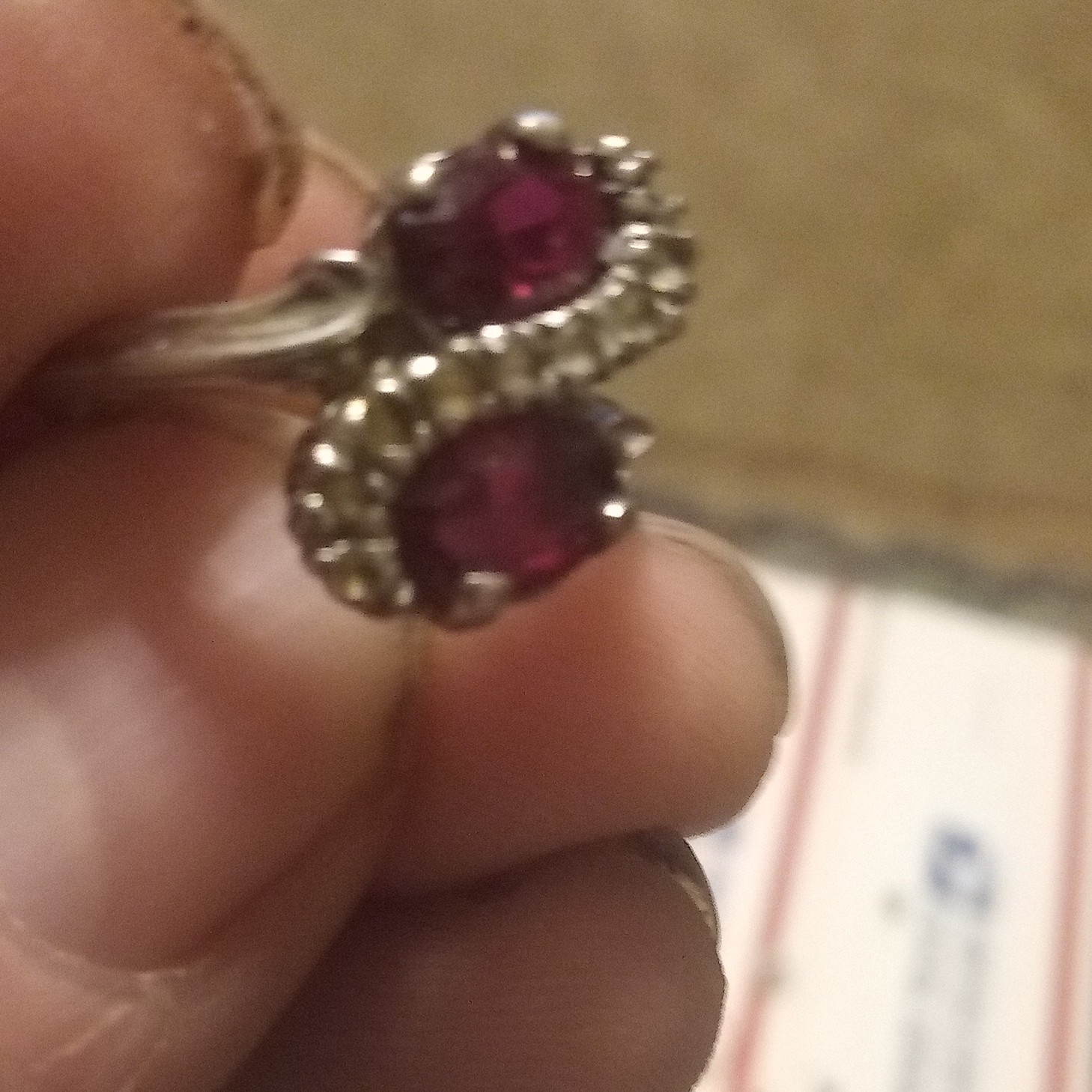 Silver Tone Bypass Cocktail Ring 2 Oval Red Stones Prong Set Size 3
