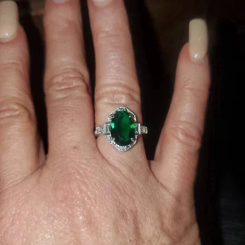 3.65 Ct Oval Cut Natural Emerald Diamond Wedding Ring 14k White Gold