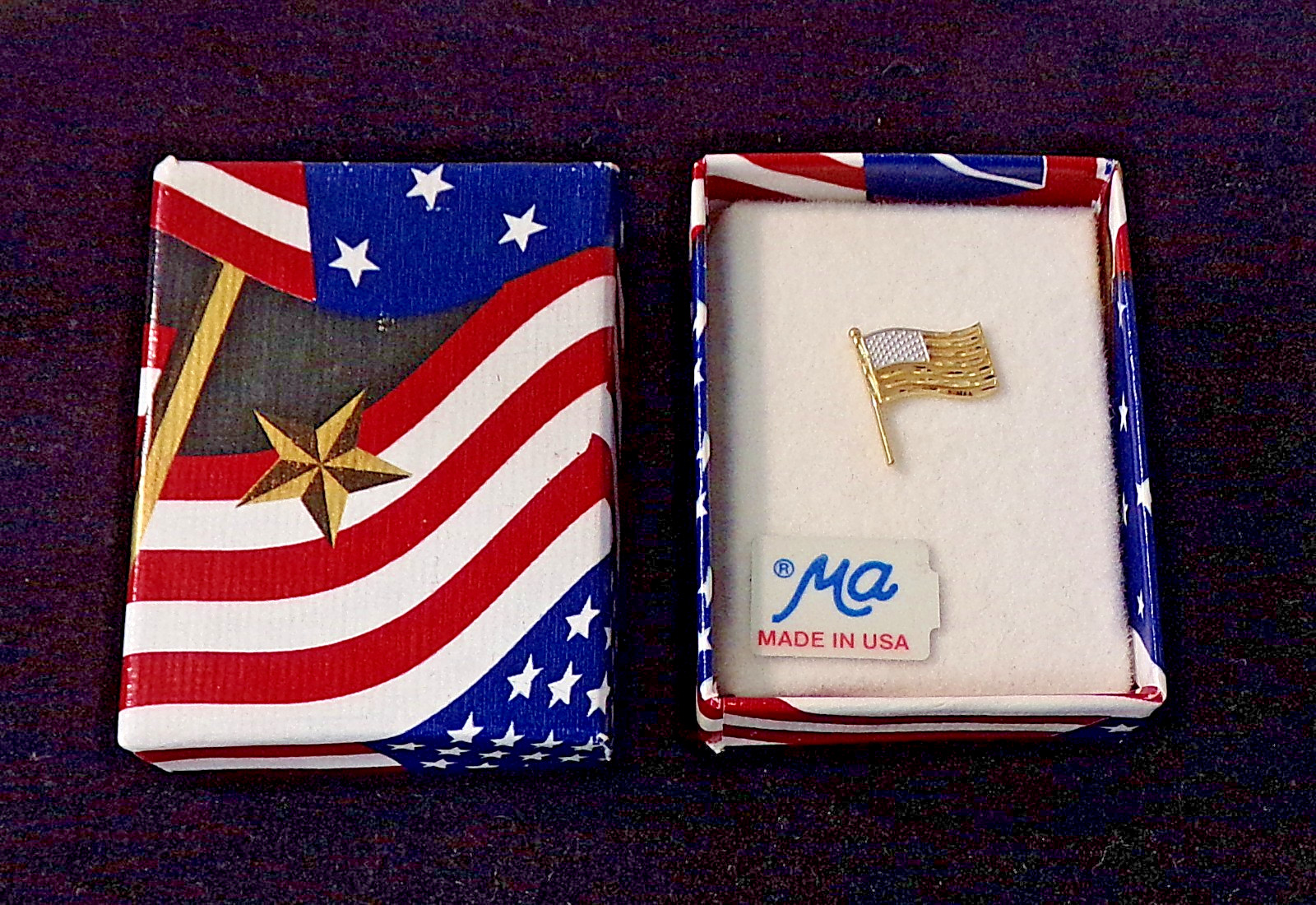 Michael Anthony 10K Two-Tone Yellow & White Gold USA Flag Lapel Tie Pin w/ Box