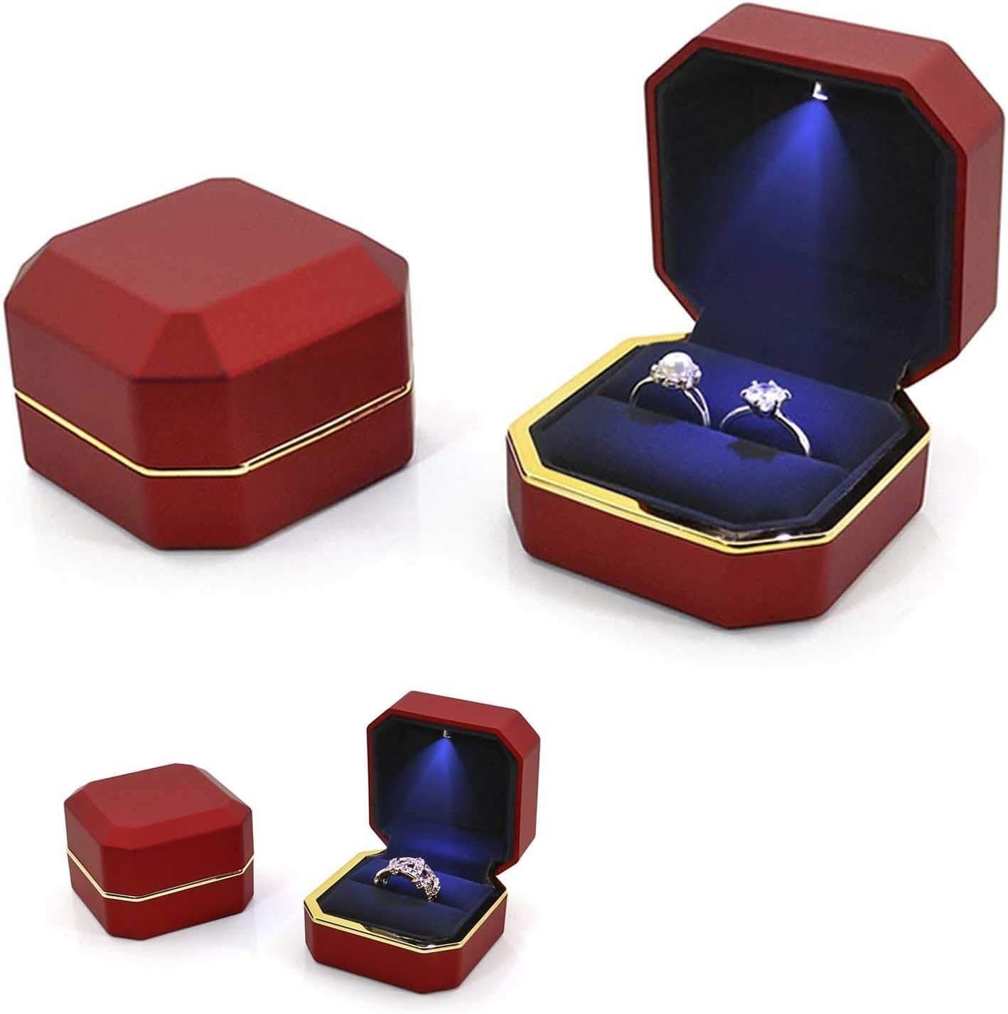 Luxurious Red Velvet Ring Box with LED Light for Engagement & Wedding Ceremonies