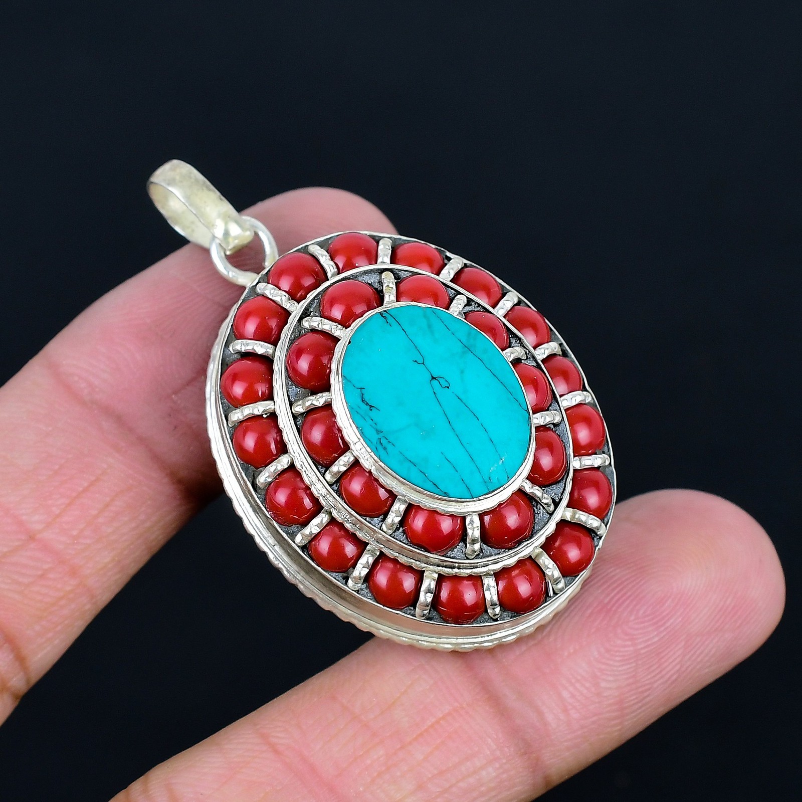 Turquoise Coral Handmade 925 Sterling Silver Tibetan Nepali Box Pendant 2.1″ N30