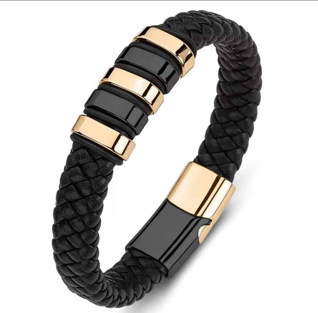 Men’s Genuine Leather Bracelet Stainless Steel Custom Engravings Jewelry
