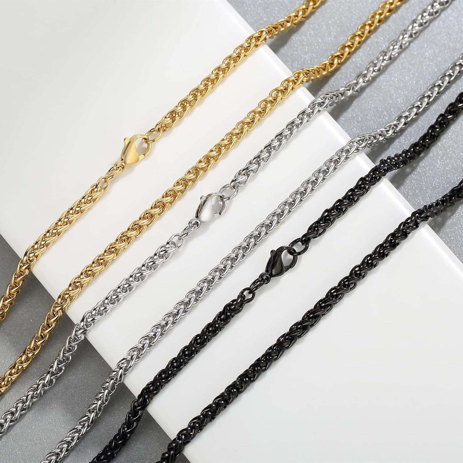 3 Pcs Chain Necklace for Men, 4Mm Stainless Steel Gold Black and Silver Wheat Ch