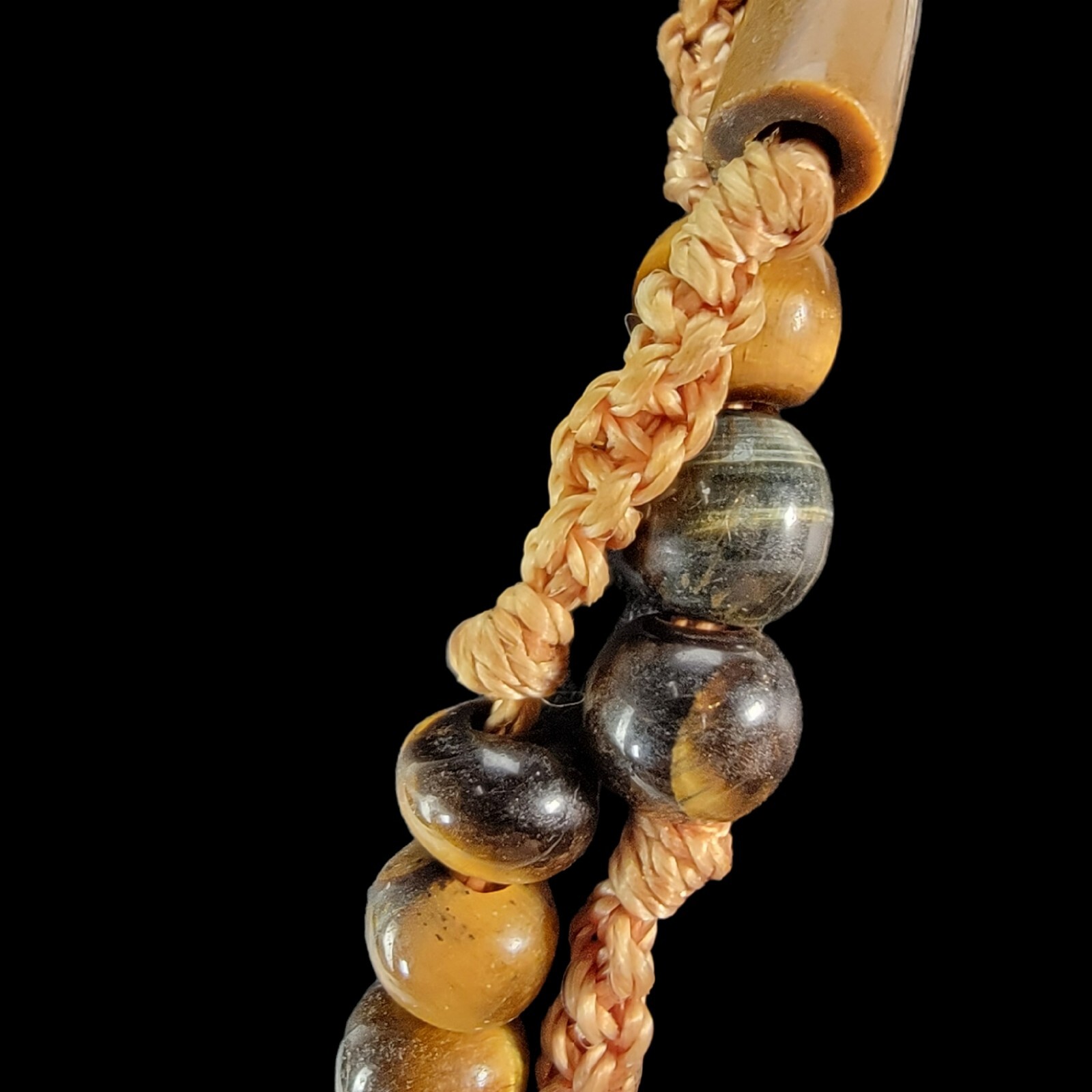 1970s Bohemian Macrame Silk Cord Necklace Double Strand Tiger Eye Beaded 38″