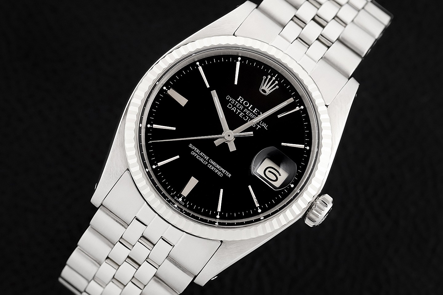 ROLEX DATEJUST 1601 18K GOLD STAINLESS STEEL BLACK DIAL FOLDED BAND WATCH