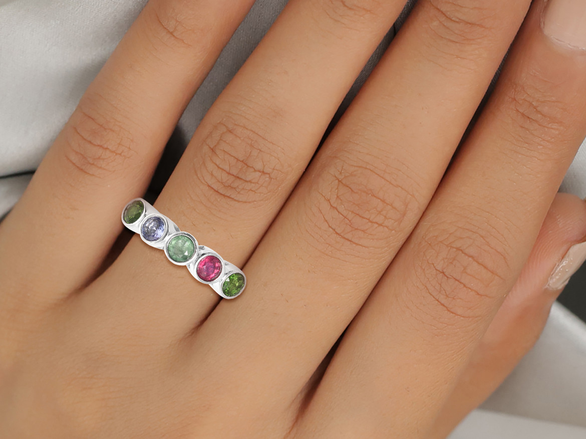 MODERN Multi Tanzanite Diopside Ruby 5 Gemstones Band Ring (7) Sterling 1.50ctw