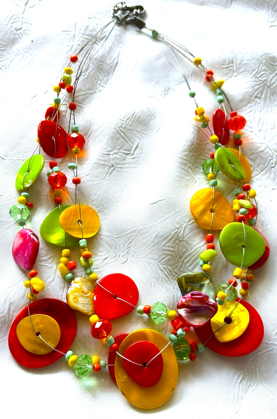 Vintage 1970’s Lime Green, Orange and Yellow DYED SHELL and GLASS BEAD Necklace