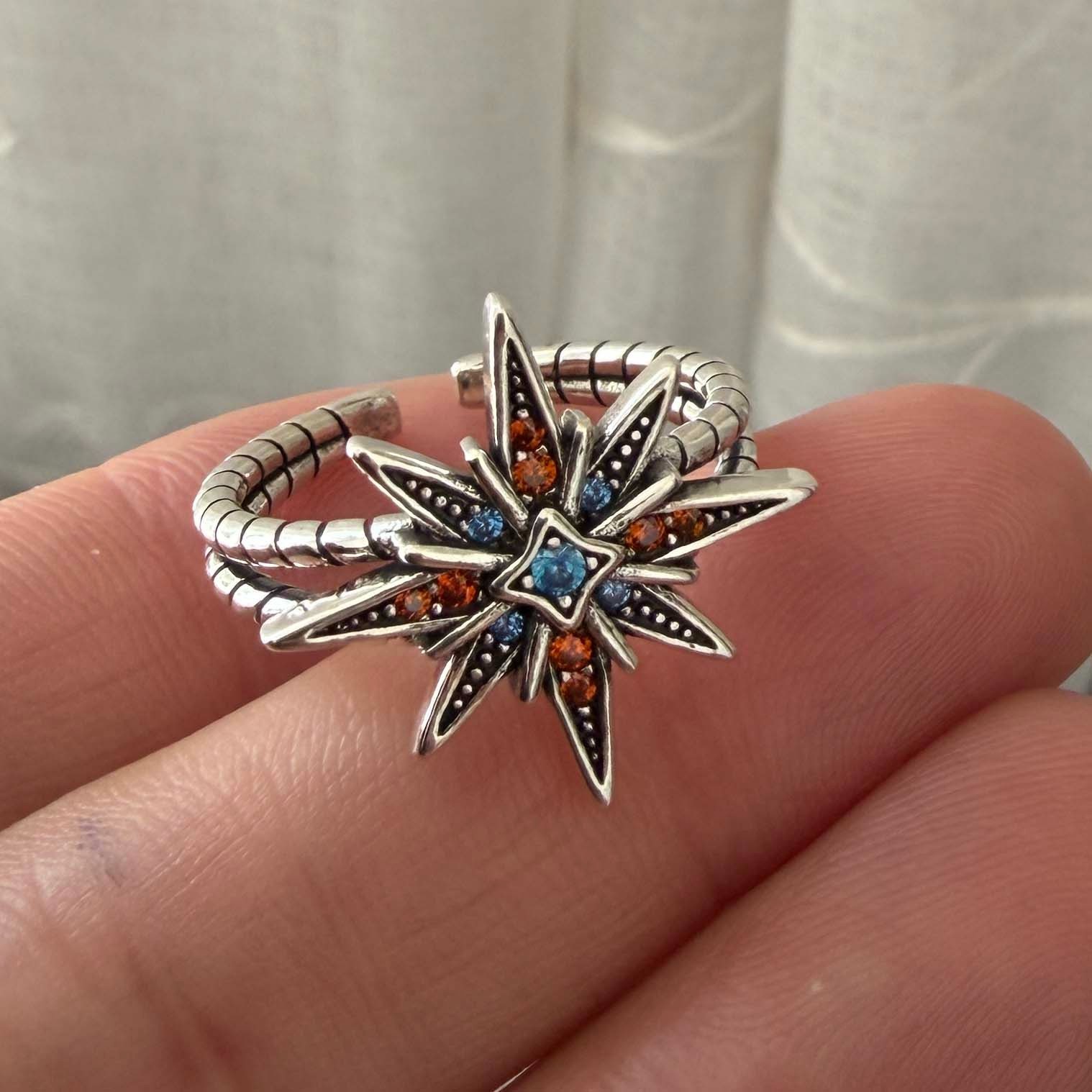 925 Sterling Silver Butterfly Bow Moon Star Zircon Adjustable Open Ring Women