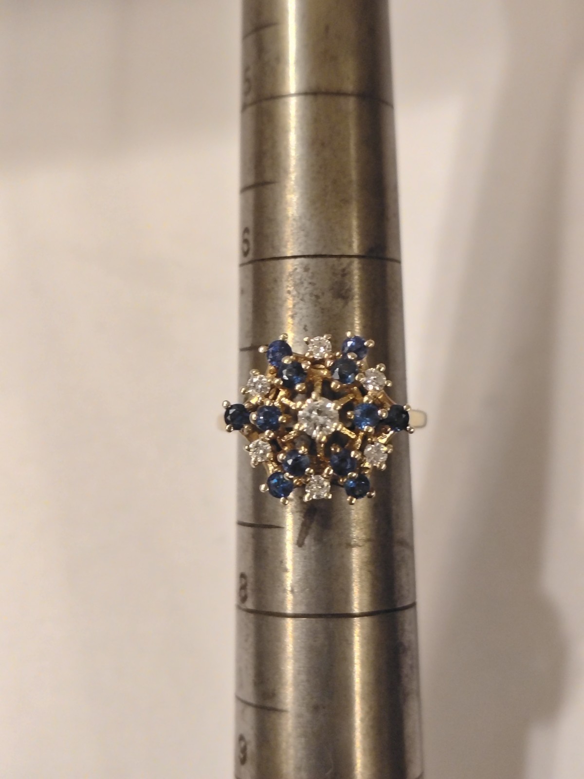 Genuine Blue Sapphire and Diamond Cluster Ring: 10KP : Size 7